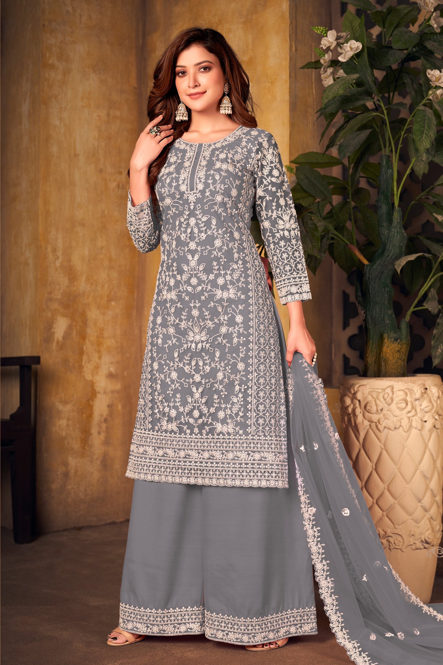 Grey Net Plazo with Thread Embroidery Work for Sangeet Outfits for Women
