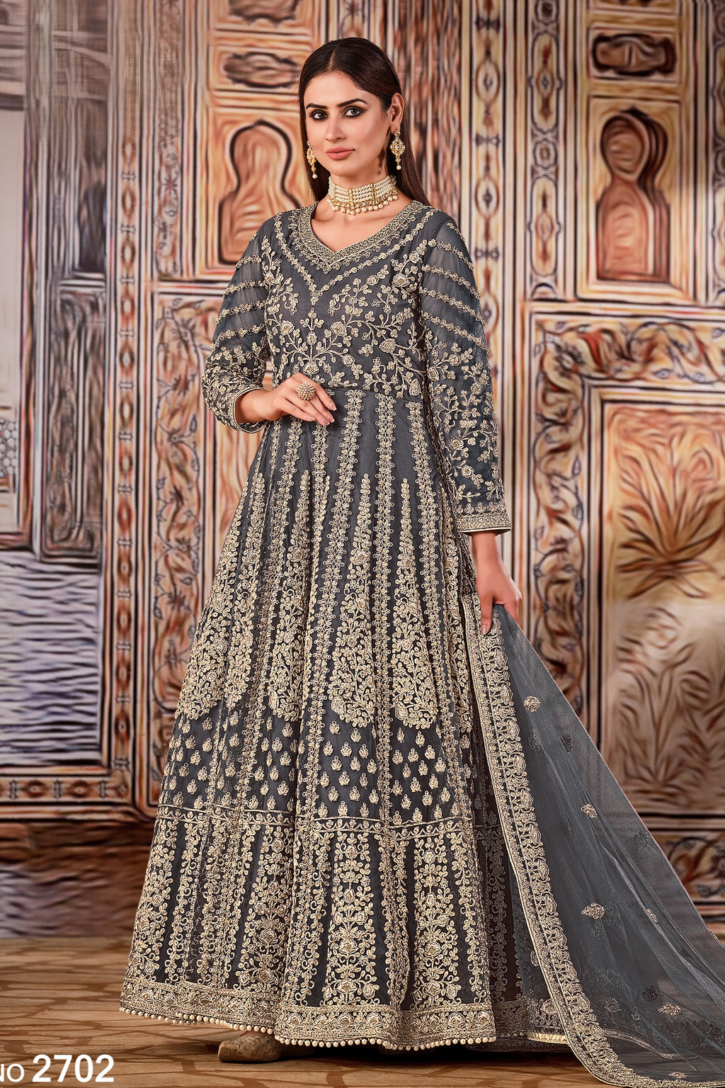 Grey Art Silk Pakistani Anarkali Dress with Sequins and Thread Embroidery