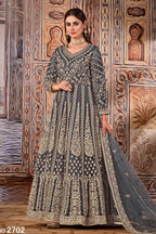 Grey Art Silk Pakistani Anarkali Dress with Sequins and Thread Embroidery