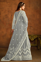 Grey Net Anarkali Dress for Reception with Thread Work