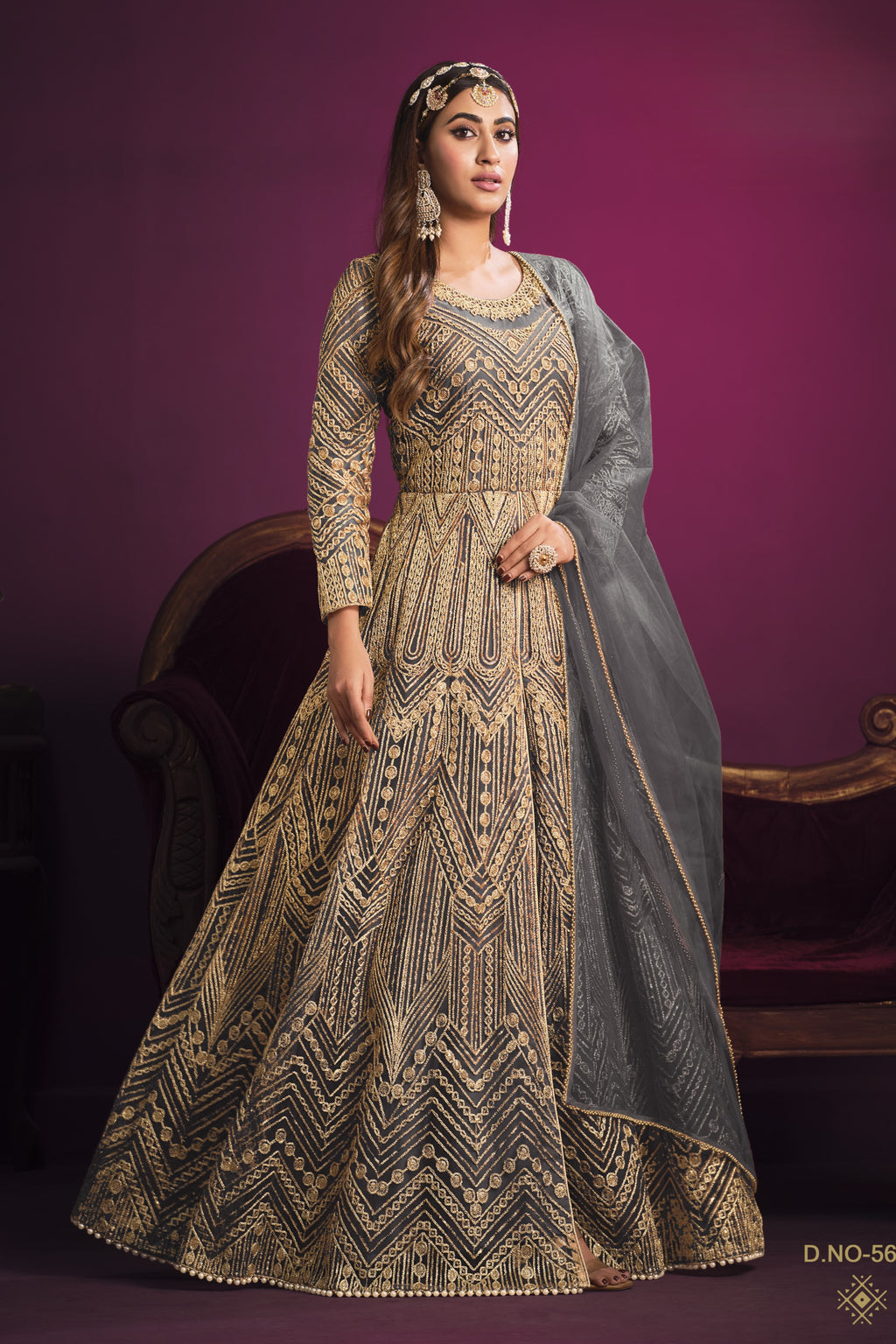 Grey Net Thread Work Anarkali Indian Dresses for Women