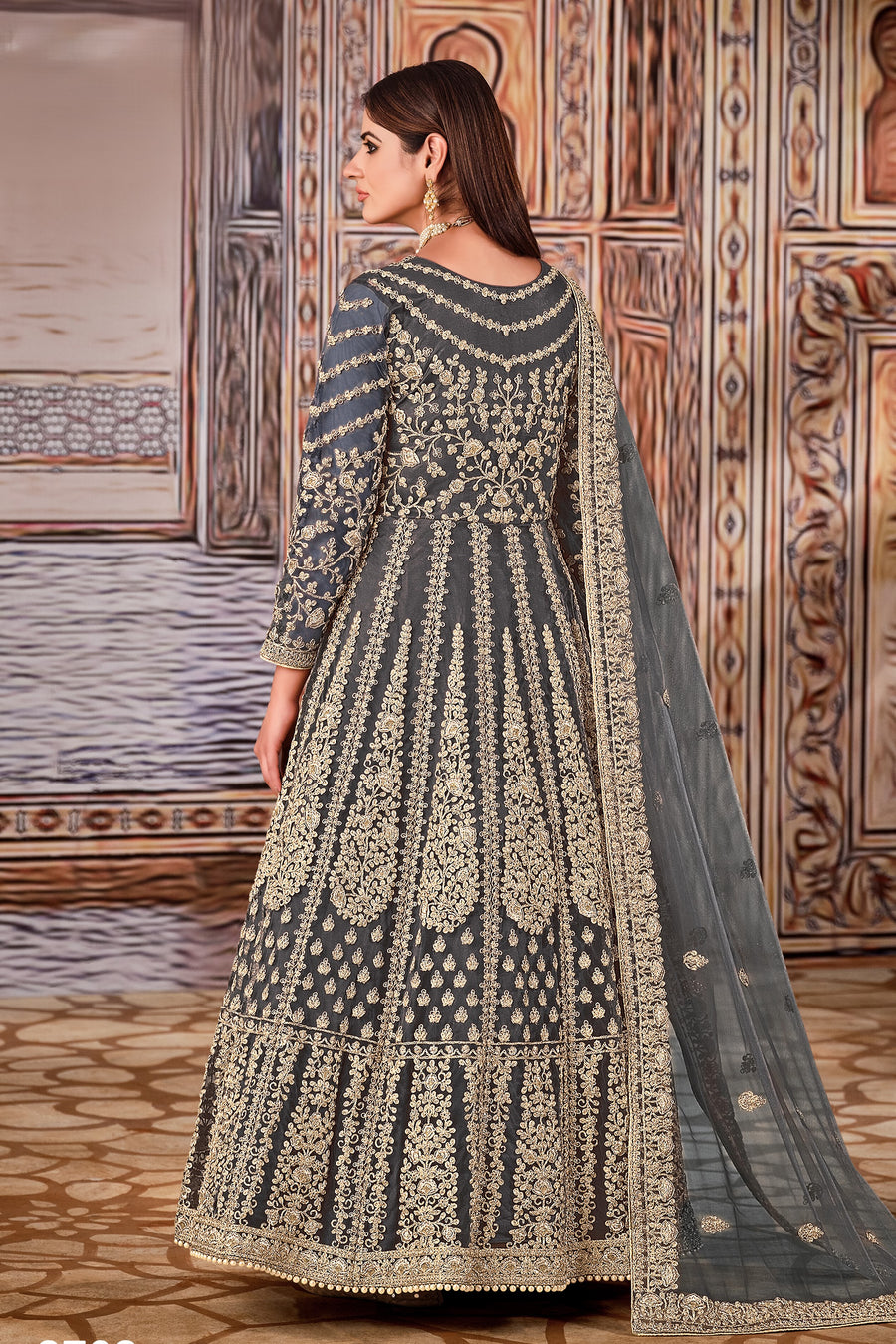 Grey Art Silk Pakistani Anarkali Dress with Sequins and Thread Embroidery