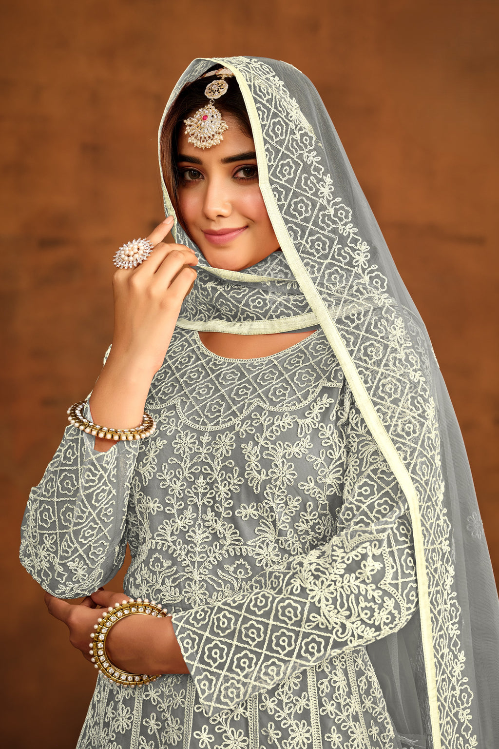 Grey Net Anarkali Dress for Reception with Thread Work