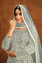 Grey Net Anarkali Dress for Reception with Thread Work