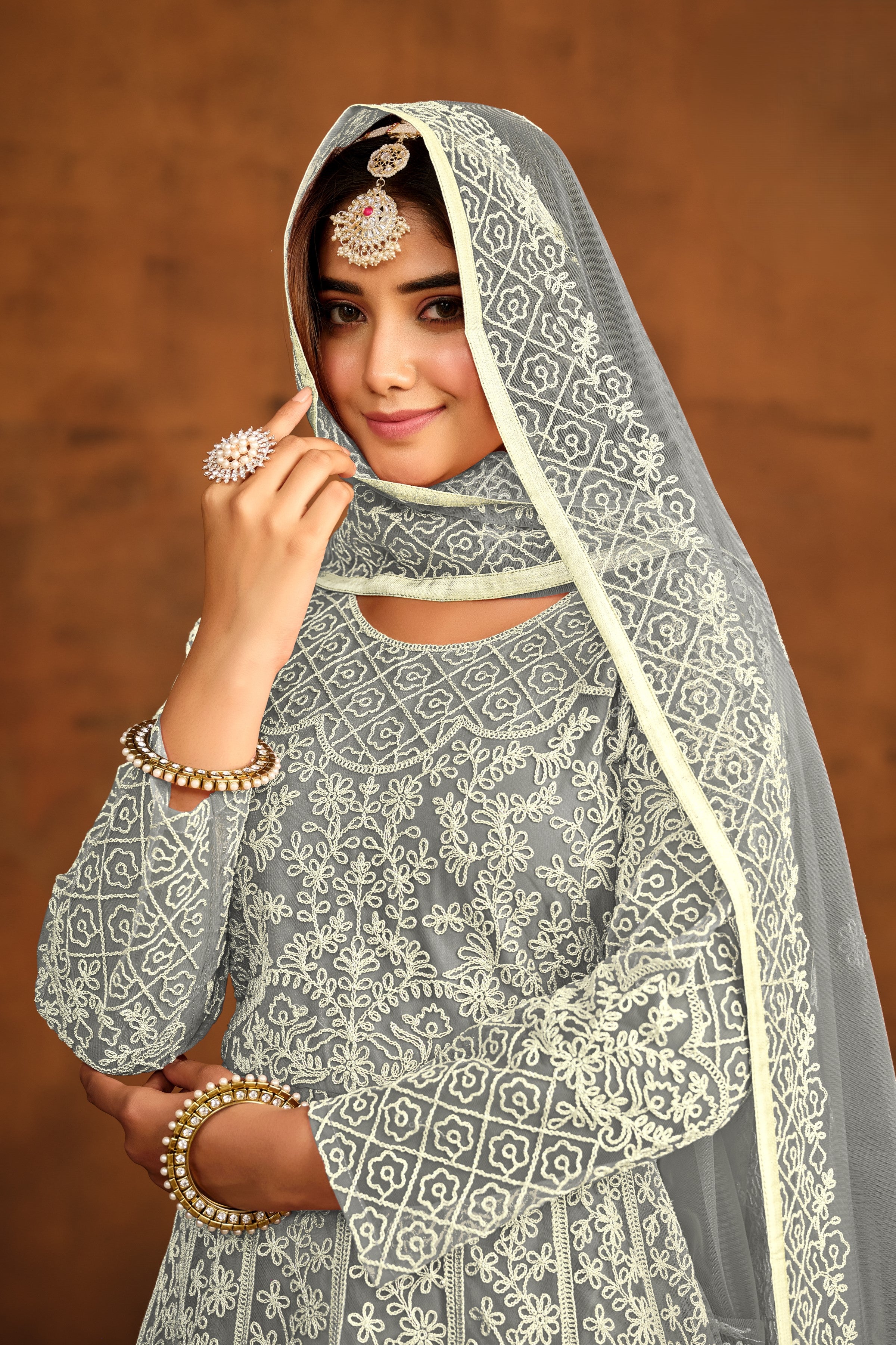 Grey Net Anarkali Dress for Reception with Thread Work