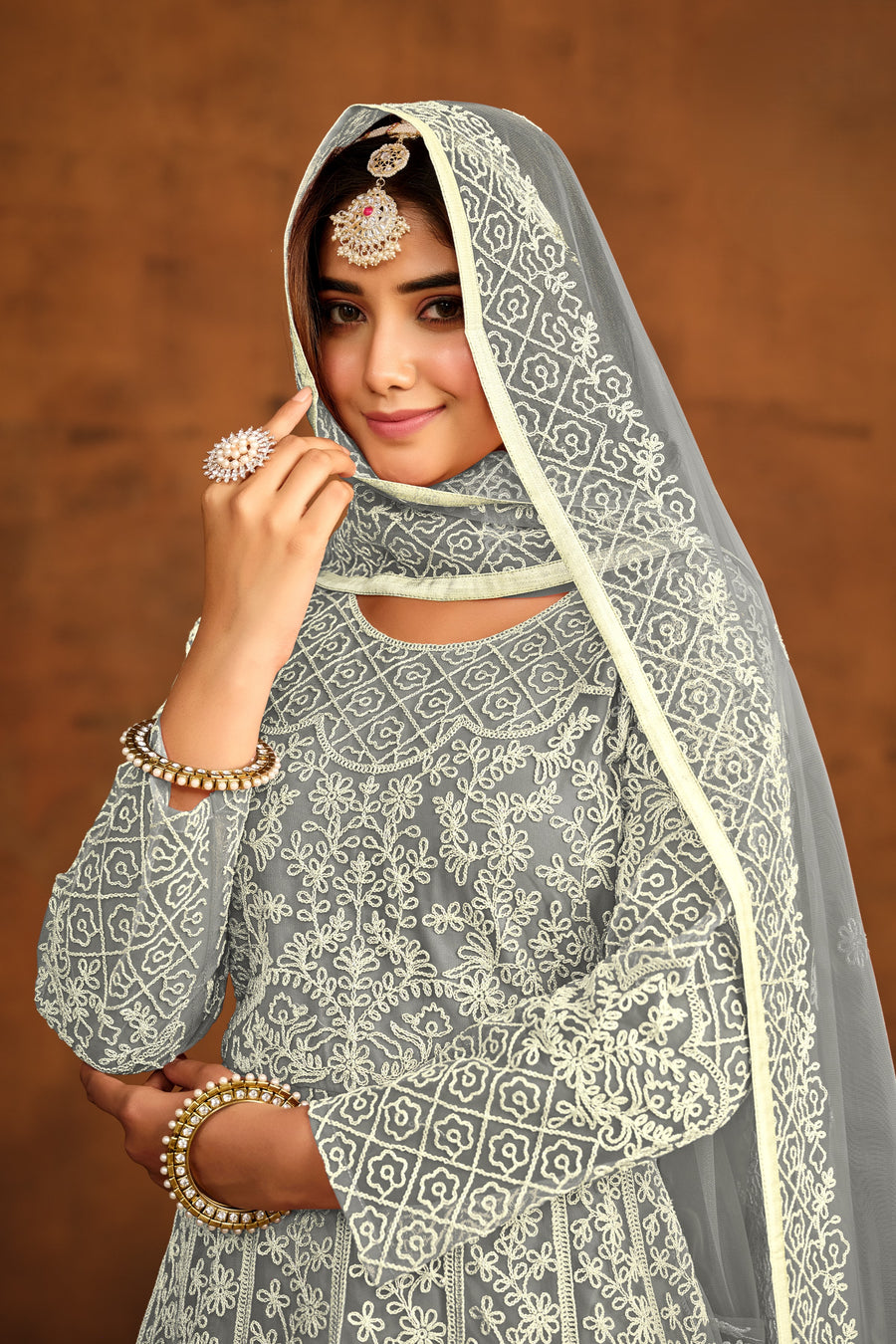 Grey Net Anarkali Dress for Reception with Thread Work