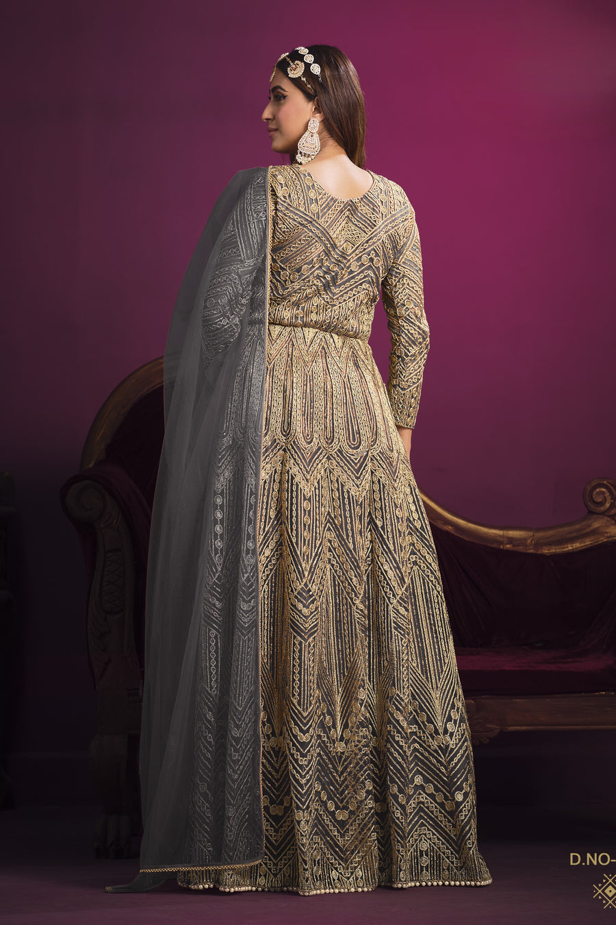 Grey Net Thread Work Anarkali Indian Dresses for Women