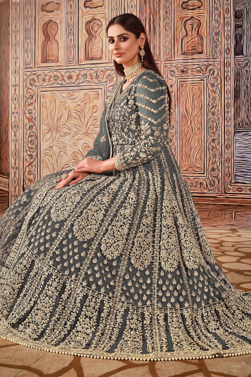 Grey Art Silk Pakistani Anarkali Dress with Sequins and Thread Embroidery