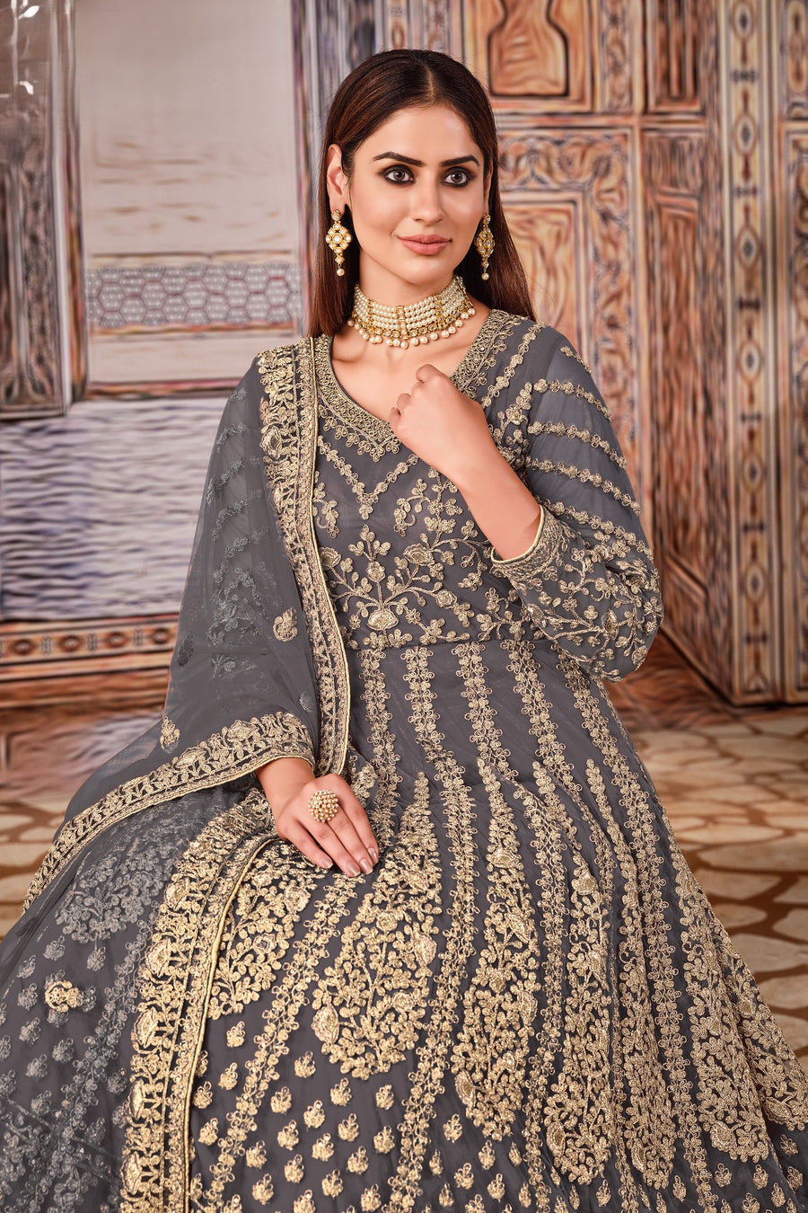 Grey Art Silk Pakistani Anarkali Dress with Sequins and Thread Embroidery
