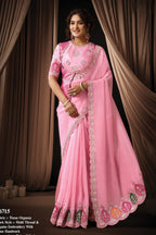Hot Pink Satin Silk Saree for Wedding Guest with Embroidery and Pearl Work