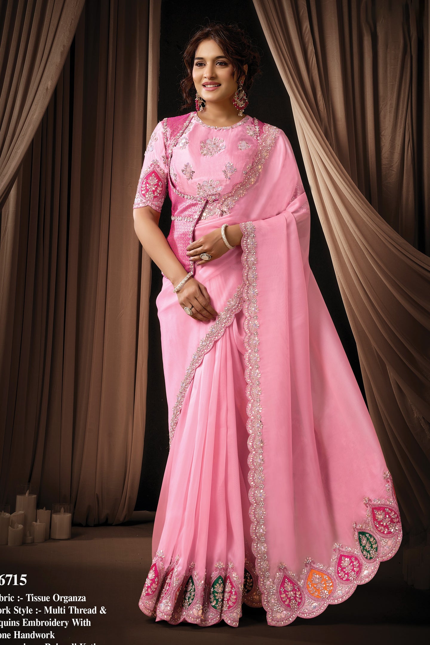 Pink Satin Silk Saree for Wedding Guest with Embroidery & Pearl Work