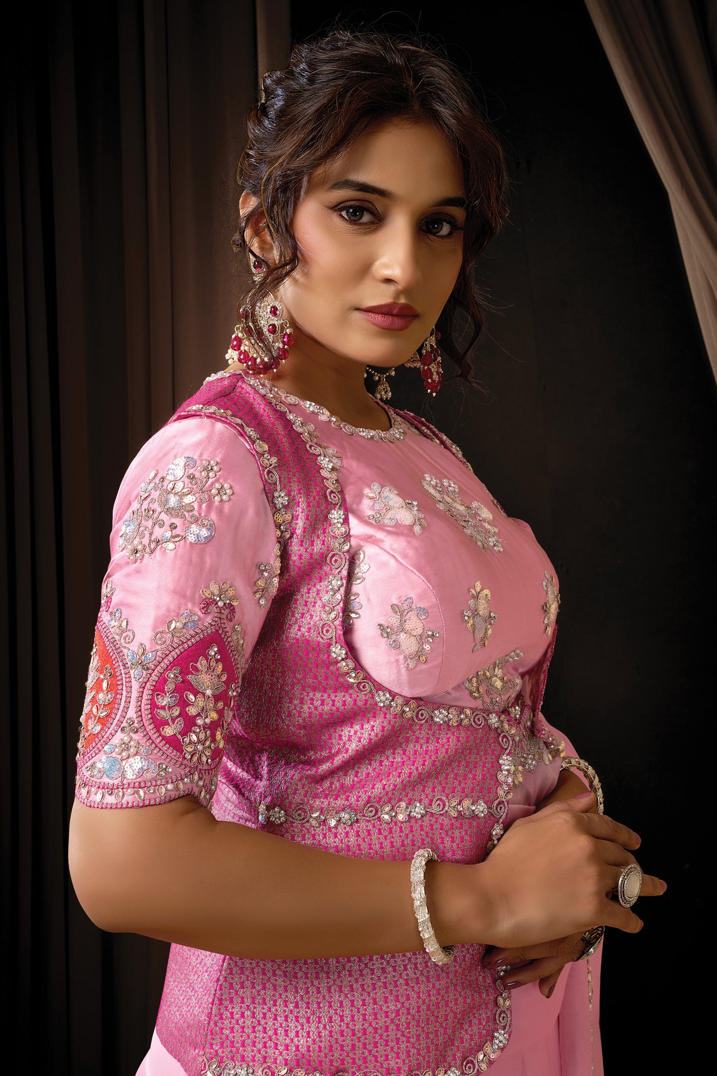 Pink Satin Silk Saree for Wedding Guest with Embroidery & Pearl Work