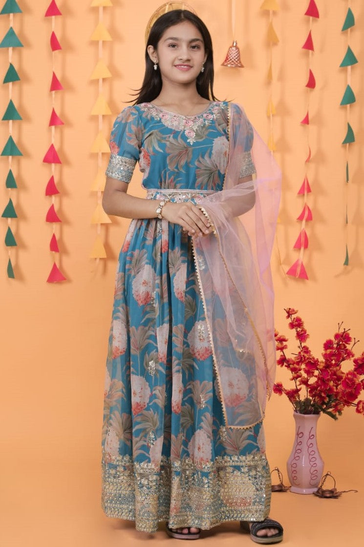 Greyish Blue Georgette Kids Wear Girls Flower Printed Gown with Dupatta Suit for Kids for Festivals & Wedding - Sequence Embroidery Work, Print Work