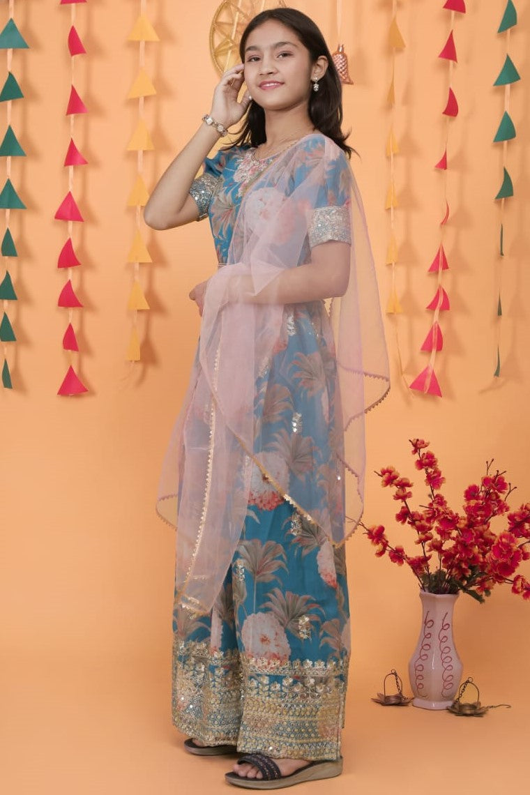 Greyish Blue Georgette Kids Wear Girls Flower Printed Gown with Dupatta Suit for Kids for Festivals & Wedding - Sequence Embroidery Work, Print Work