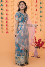 Greyish Blue Georgette Kids Wear Girls Flower Printed Gown with Dupatta Suit for Kids for Festivals & Wedding - Sequence Embroidery Work, Print Work