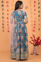 Greyish Blue Georgette Kids Wear Girls Flower Printed Gown with Dupatta Suit for Kids for Festivals & Wedding - Sequence Embroidery Work, Print Work