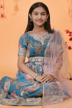 Greyish Blue Georgette Kids Wear Girls Flower Printed Gown with Dupatta Suit for Kids for Festivals & Wedding - Sequence Embroidery Work, Print Work