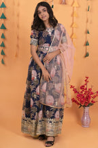 Navy Blue Georgette Kids Wear Girls Flower Printed Gown with Dupatta Suit for Kids for Festivals & Wedding - Sequence Embroidery Work, Print Work