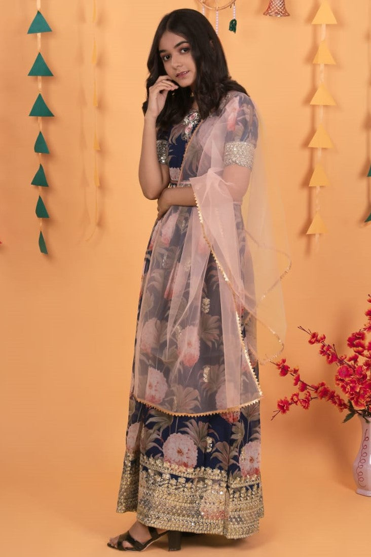 Navy Blue Georgette Kids Wear Girls Flower Printed Gown with Dupatta Suit for Kids for Festivals & Wedding - Sequence Embroidery Work, Print Work