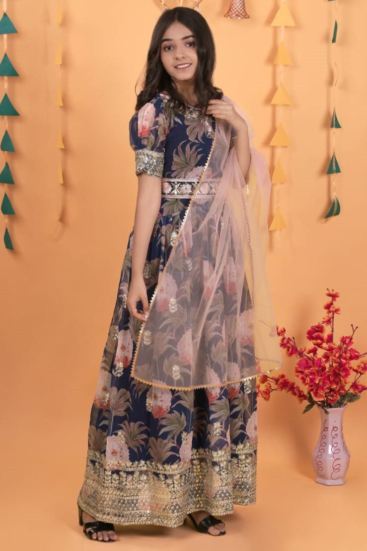 Navy Blue Georgette Kids Wear Girls Flower Printed Gown with Dupatta Suit for Kids for Festivals & Wedding - Sequence Embroidery Work, Print Work