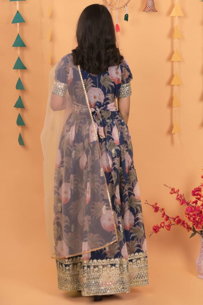 Navy Blue Georgette Kids Wear Girls Flower Printed Gown with Dupatta Suit for Kids for Festivals & Wedding - Sequence Embroidery Work, Print Work