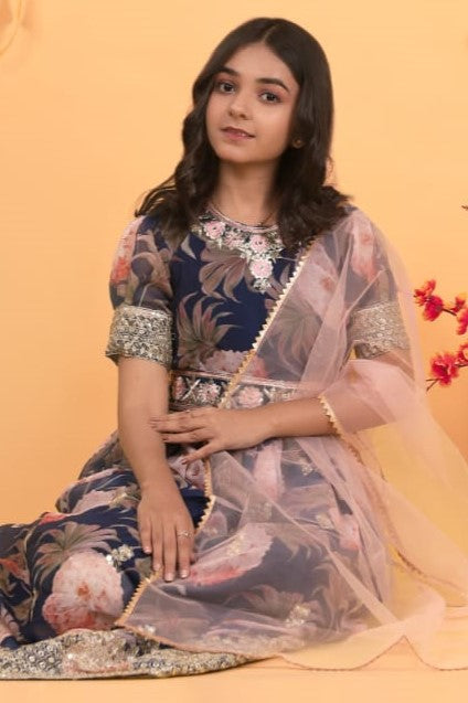 Navy Blue Georgette Kids Wear Girls Flower Printed Gown with Dupatta Suit for Kids for Festivals & Wedding - Sequence Embroidery Work, Print Work