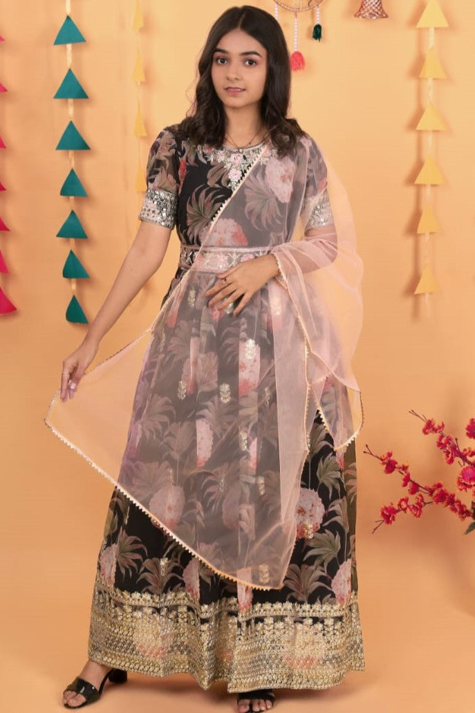 Black Georgette Kids Wear Girls Flower Printed Gown with Dupatta Suit for Kids for Festivals & Wedding - Sequence Embroidery Work, Print Work