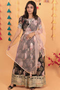 Black Georgette Kids Wear Girls Flower Printed Gown with Dupatta Suit for Kids for Festivals & Wedding - Sequence Embroidery Work, Print Work