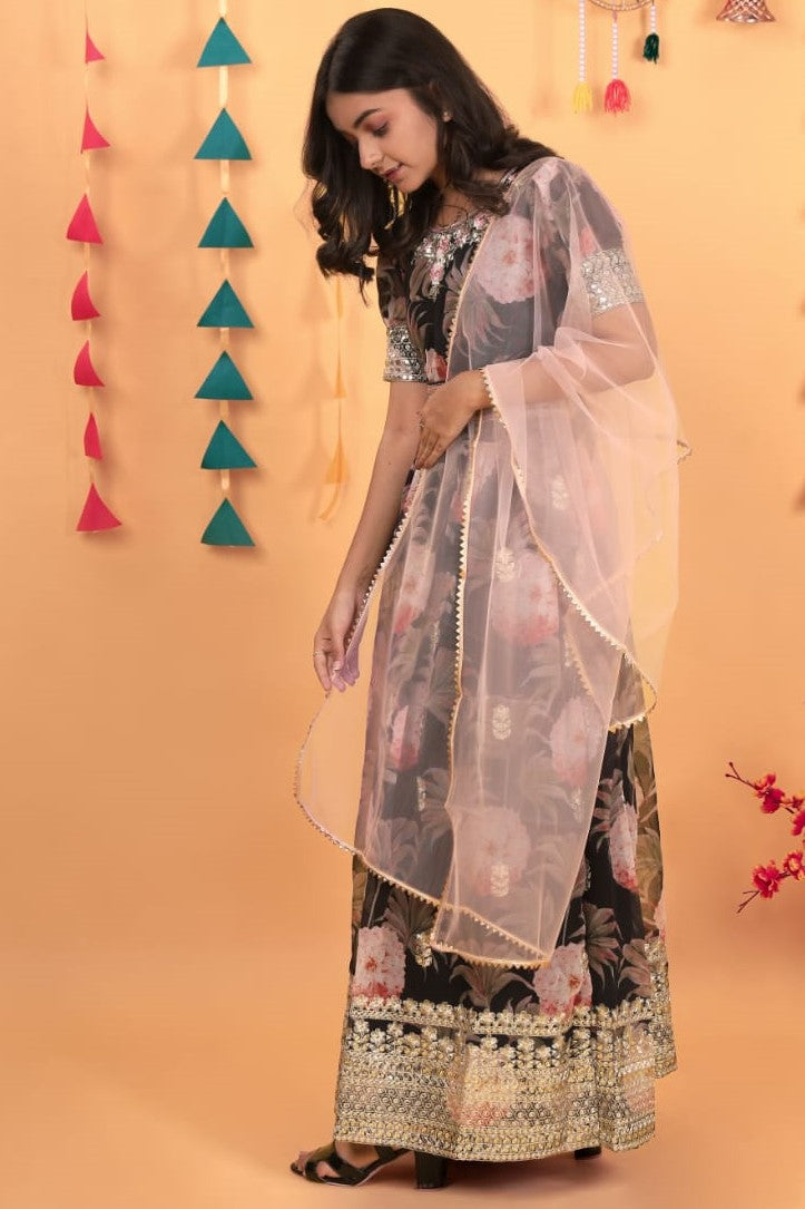 Black Georgette Kids Wear Girls Flower Printed Gown with Dupatta Suit for Kids for Festivals & Wedding - Sequence Embroidery Work, Print Work