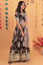 Black Georgette Kids Wear Girls Flower Printed Gown with Dupatta Suit for Kids for Festivals & Wedding - Sequence Embroidery Work, Print Work