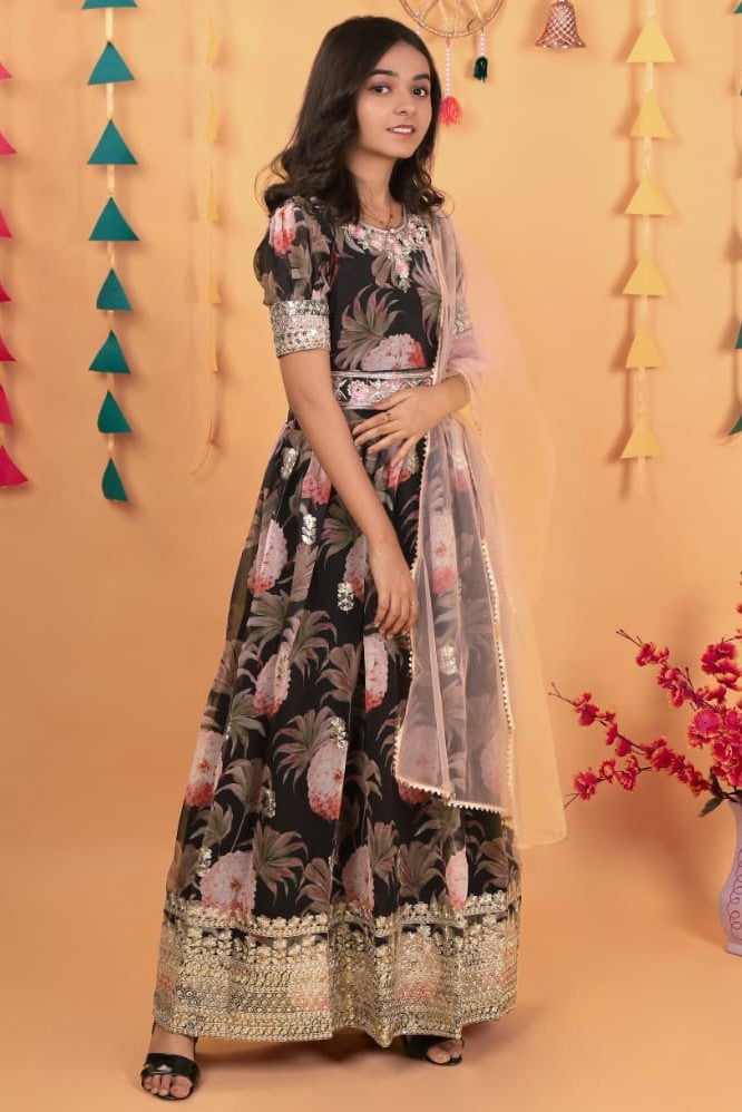 Black Georgette Kids Wear Girls Flower Printed Gown with Dupatta Suit for Kids for Festivals & Wedding - Sequence Embroidery Work, Print Work