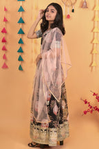 Black Georgette Kids Wear Girls Flower Printed Gown with Dupatta Suit for Kids for Festivals & Wedding - Sequence Embroidery Work, Print Work