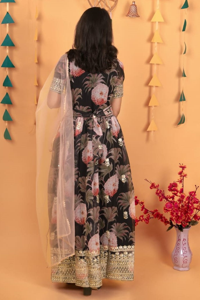 Black Georgette Kids Wear Girls Flower Printed Gown with Dupatta Suit for Kids for Festivals & Wedding - Sequence Embroidery Work, Print Work