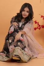 Black Georgette Kids Wear Girls Flower Printed Gown with Dupatta Suit for Kids for Festivals & Wedding - Sequence Embroidery Work, Print Work