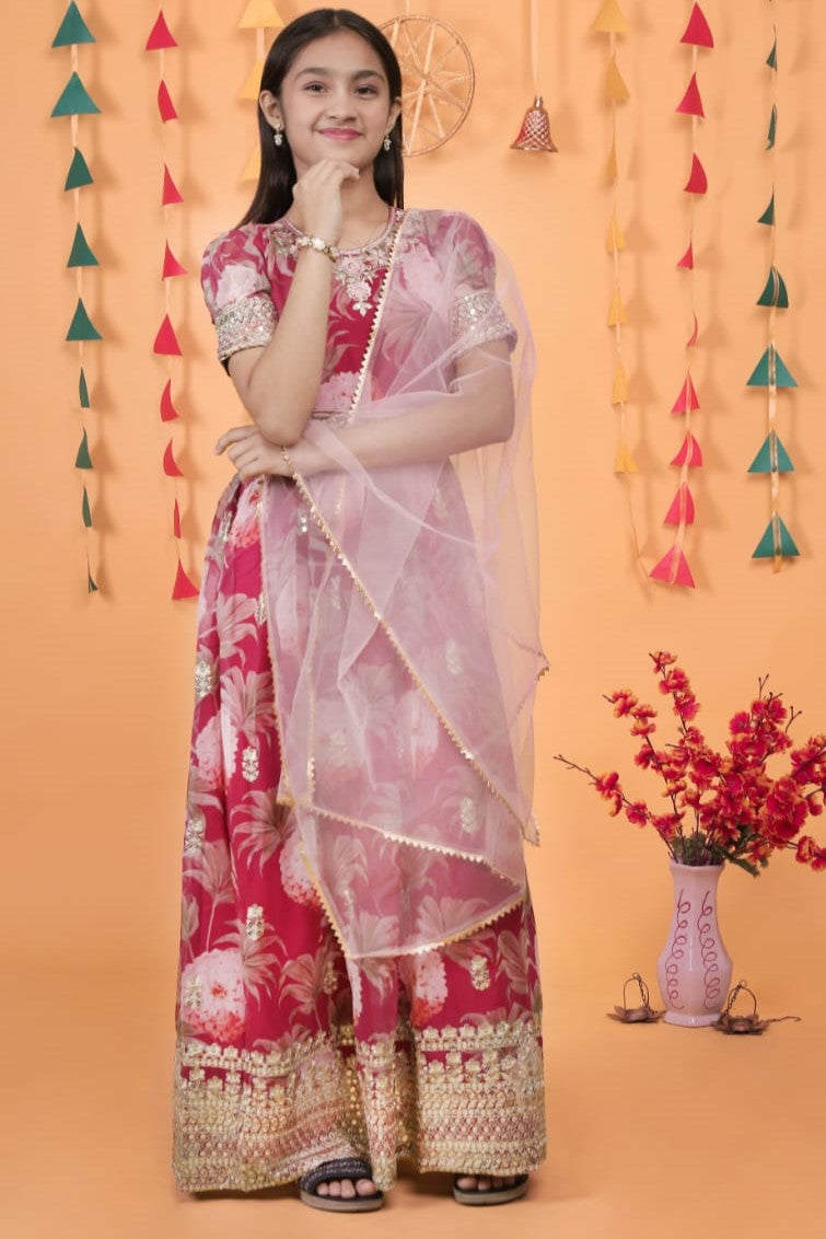 Red Georgette Kids Wear Girls Flower Printed Gown with Dupatta Suit for Kids for Festivals & Wedding - Sequence Embroidery Work, Print Work