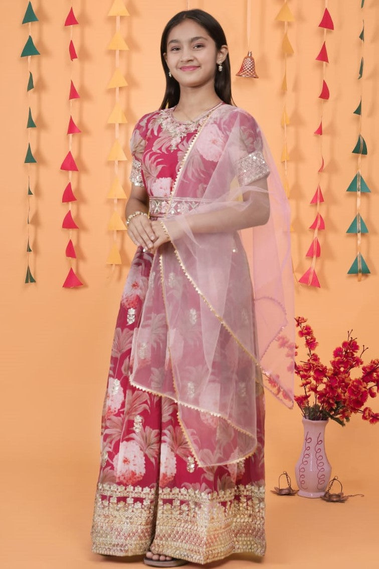 Red Georgette Kids Wear Girls Flower Printed Gown with Dupatta Suit for Kids for Festivals & Wedding - Sequence Embroidery Work, Print Work