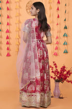 Red Georgette Kids Wear Girls Flower Printed Gown with Dupatta Suit for Kids for Festivals & Wedding - Sequence Embroidery Work, Print Work