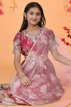 Red Georgette Kids Wear Girls Flower Printed Gown with Dupatta Suit for Kids for Festivals & Wedding - Sequence Embroidery Work, Print Work