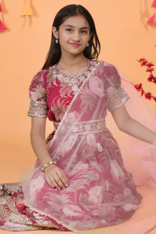 Red Georgette Kids Wear Girls Flower Printed Gown with Dupatta Suit for Kids for Festivals & Wedding - Sequence Embroidery Work, Print Work