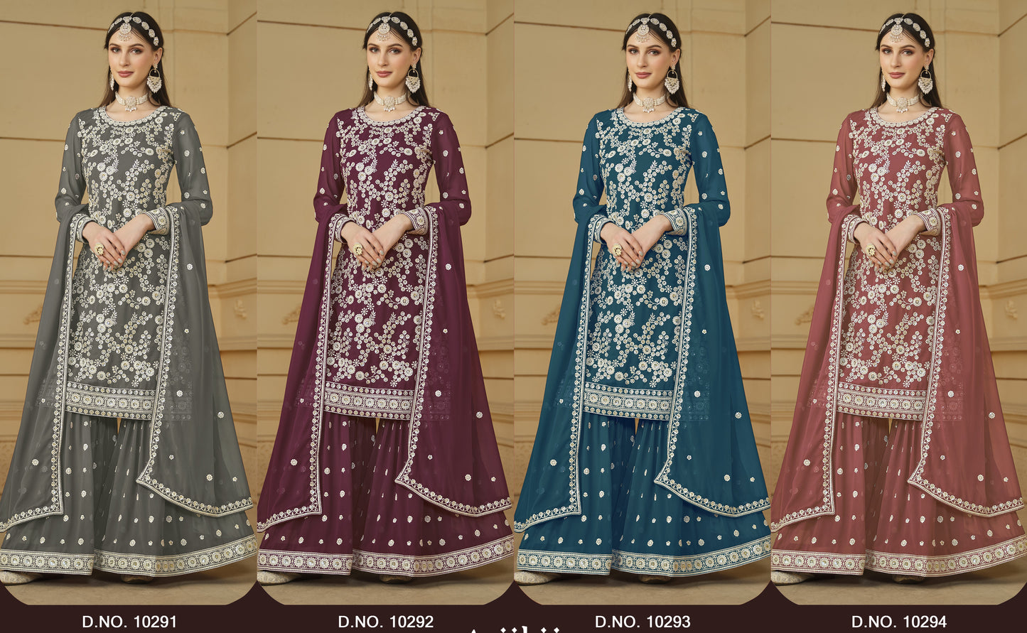 Teal Georgette Sharara Suit For Indian Festivals & Pakistani Weddings - Thread Embroidery Work, Sequence Embroidery Work