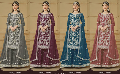 Teal Georgette Sharara Suit For Indian Festivals & Pakistani Weddings - Thread Embroidery Work, Sequence Embroidery Work