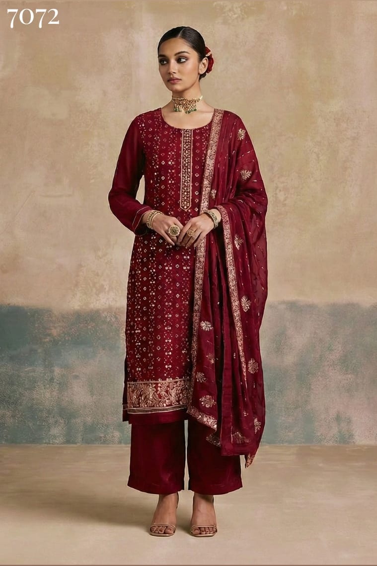 Maroon Georgette Kameez With Pant For Indian & Pakistani Wedding Festival - Thread & Sequins Embroidery Work, Khatli Work