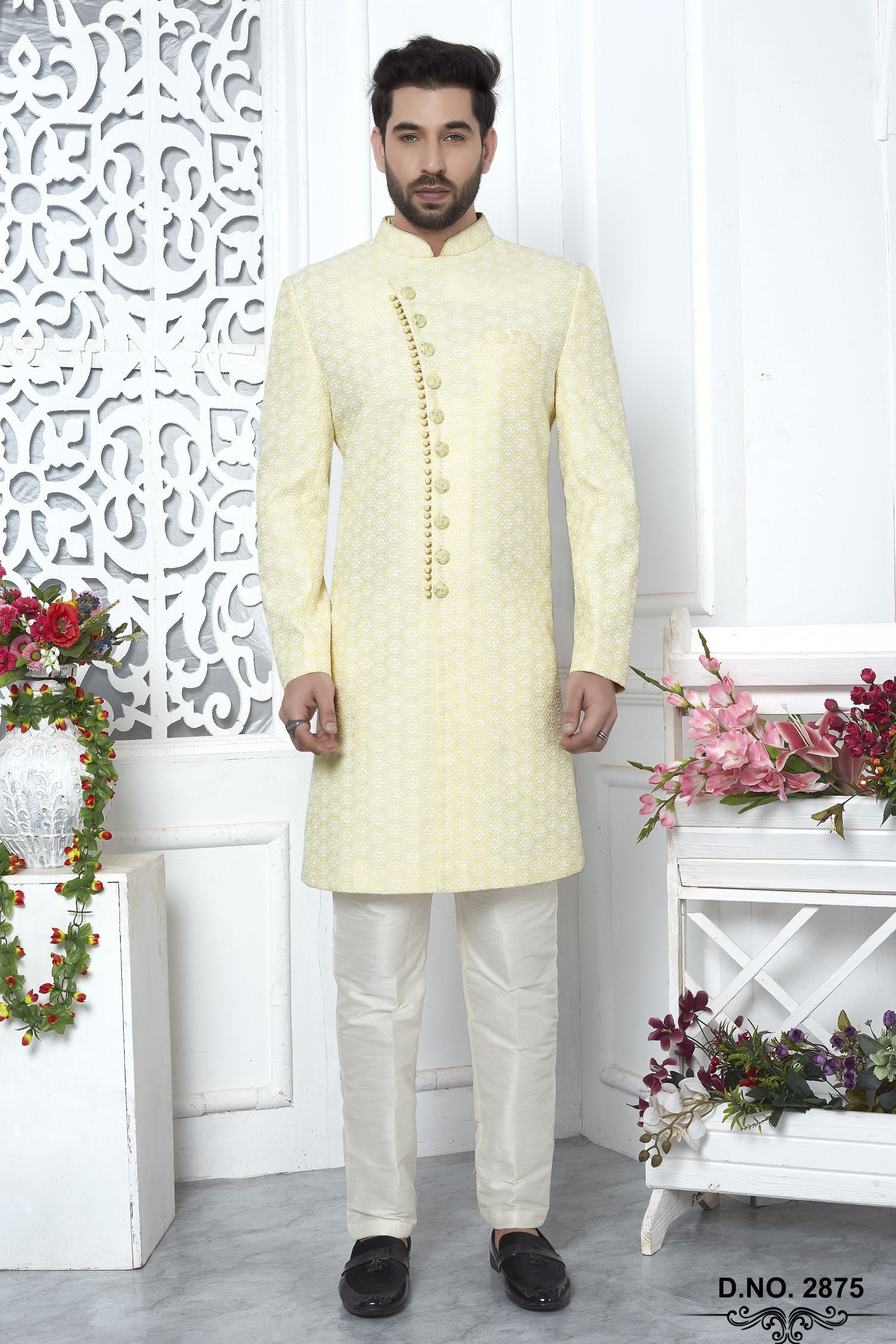 Ivory Art Silk Embroidery Work Wedding Reception Dress for Male Indo Western