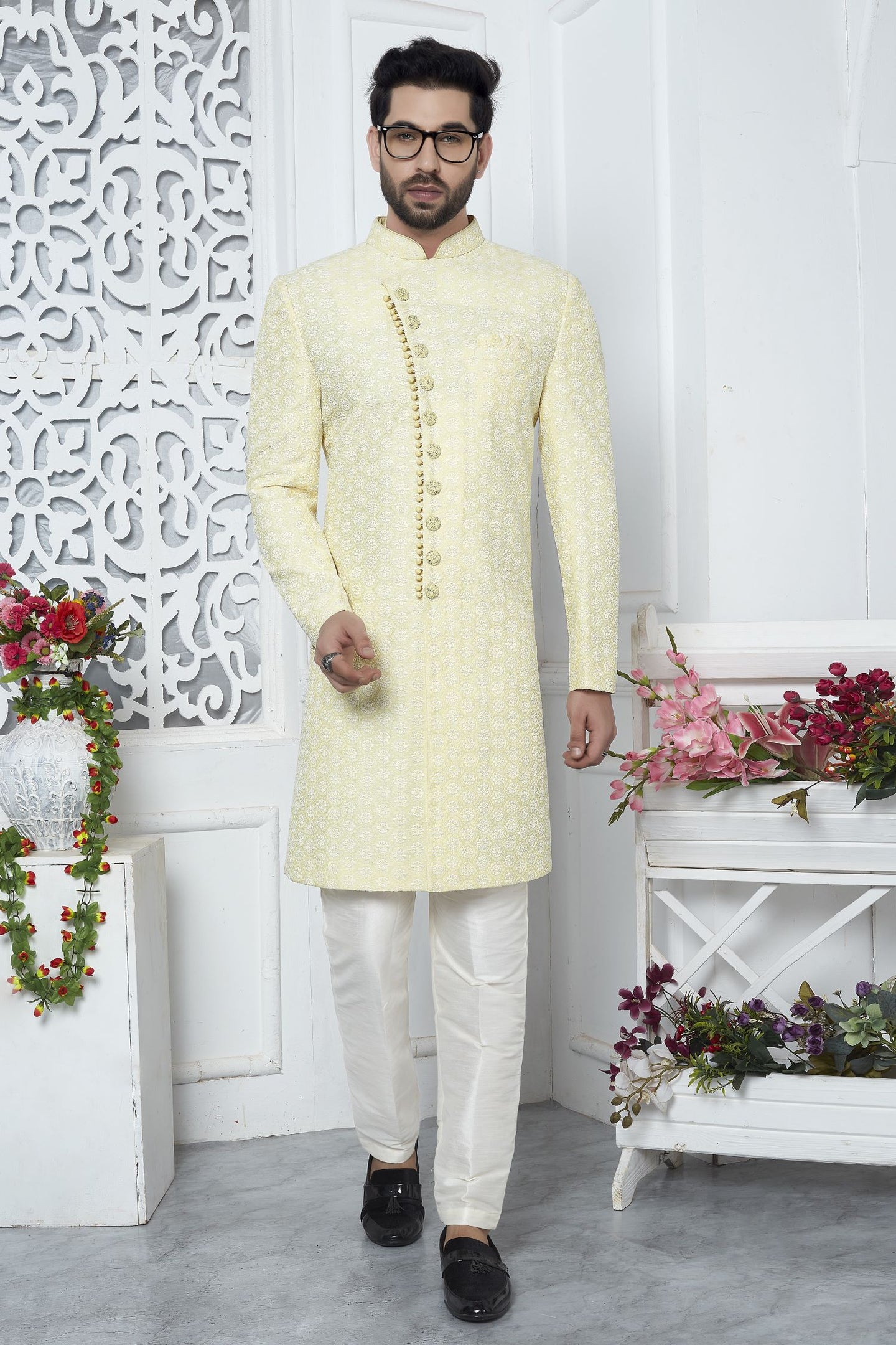 Ivory Art Silk Embroidery Work Wedding Reception Dress for Male Indo Western