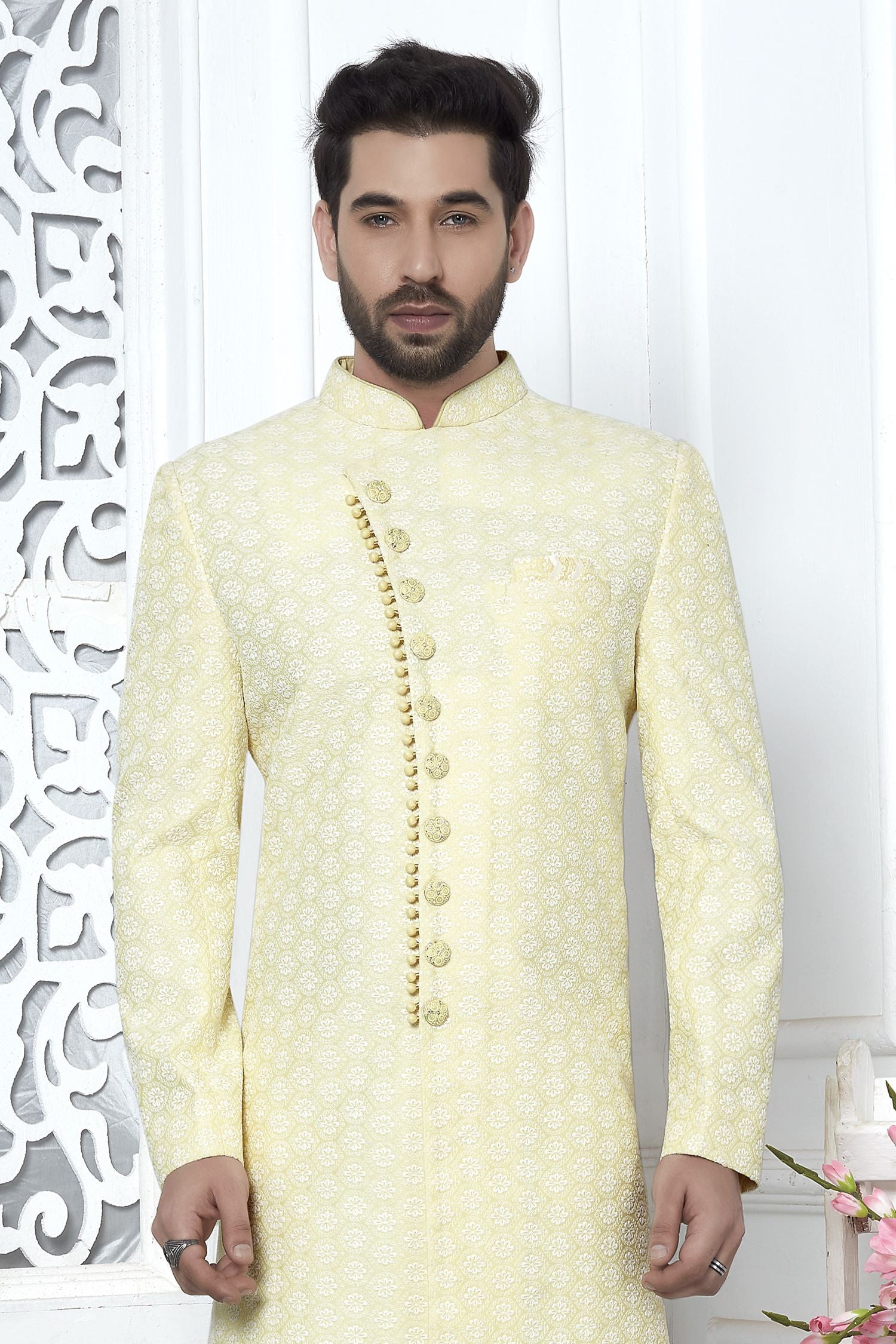 Ivory Art Silk Embroidery Work Wedding Reception Dress for Male Indo Western