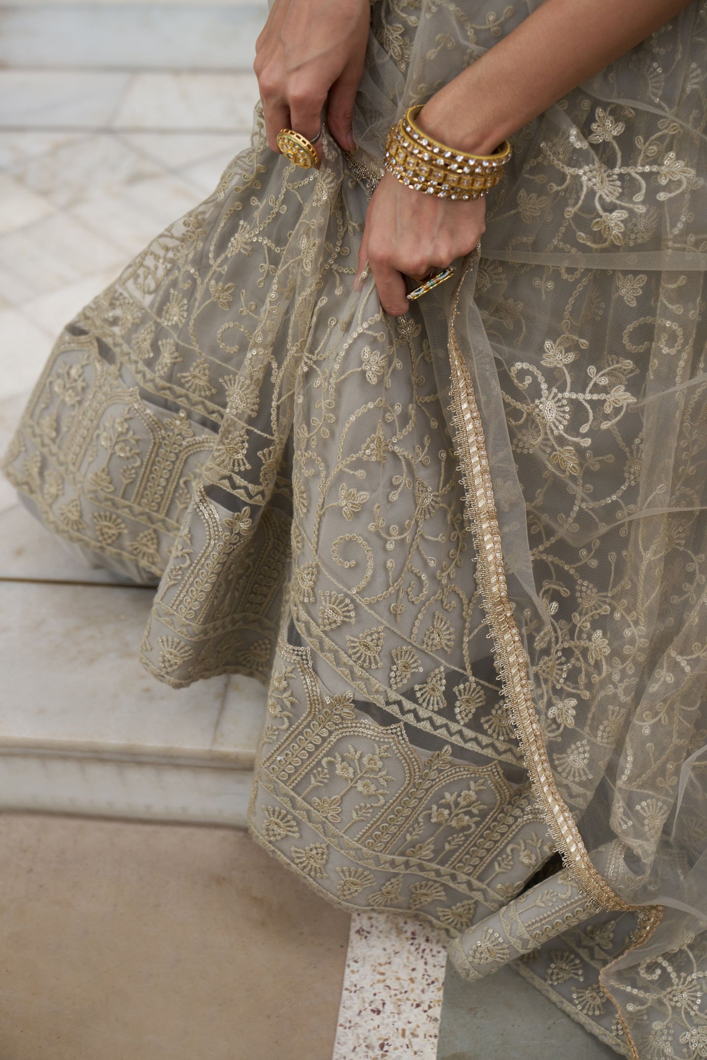Ivory Net Embroidered Lehenga Choli For Indian Festival & Weddings - Thread Embroidery Work, Sequence Embroidery Work