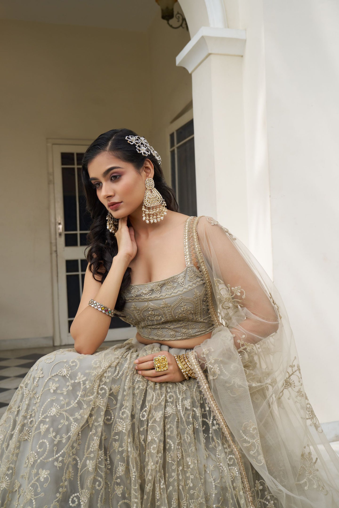 Ivory Net Embroidered Lehenga Choli For Indian Festival & Weddings - Thread Embroidery Work, Sequence Embroidery Work