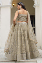 Ivory Net Embroidered Lehenga Choli For Indian Festival & Weddings - Thread Embroidery Work, Sequence Embroidery Work
