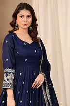 Another full-length front view of navy blue engagement dresses for women style anarkali in art silk with sequin and thread embroidery, crepe churidar and dupatta.
