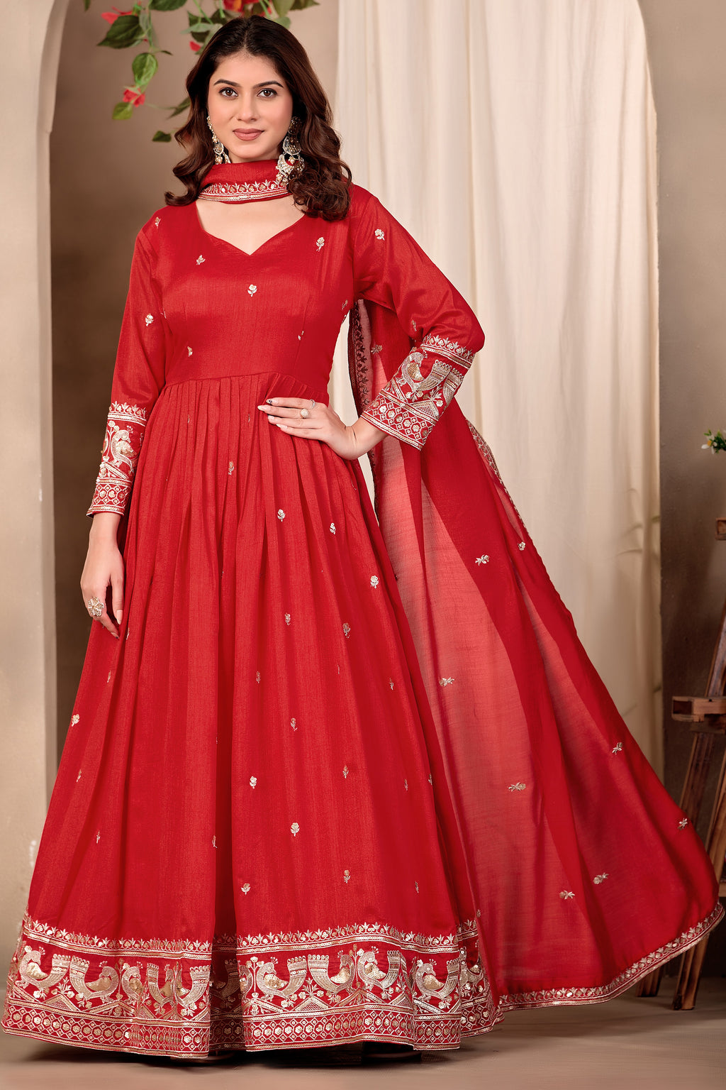 Another full-length front view of red festive wear for women style anarkali in art silk with sequin and thread embroidery, crepe churidar and dupatta.